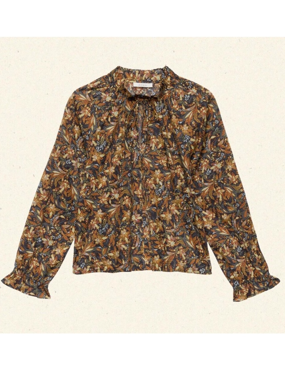 Doen Juna Top Floral Ruffle Neck Blouse in Navy and Mustard size Medium